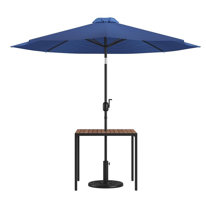 Flash Furniture Lark 3 Piece Outdoor Patio Table Set - Natural Faux Teak Dining Table - 35" Square Synthetic Teak Table with Umbrella Hole - Navy Umbrella with Base