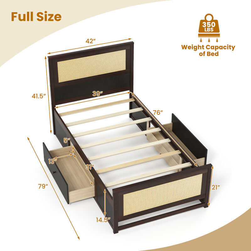 Twin Size Bed Frame with Rattan Headboard and Storage Drawers image number 2