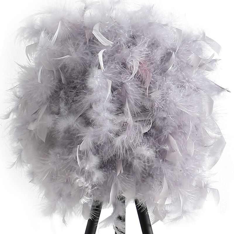 Rio 21 Inch Accent Table Lamp, Gray Feather Shade, Black Metal Tripod Base - Benzara