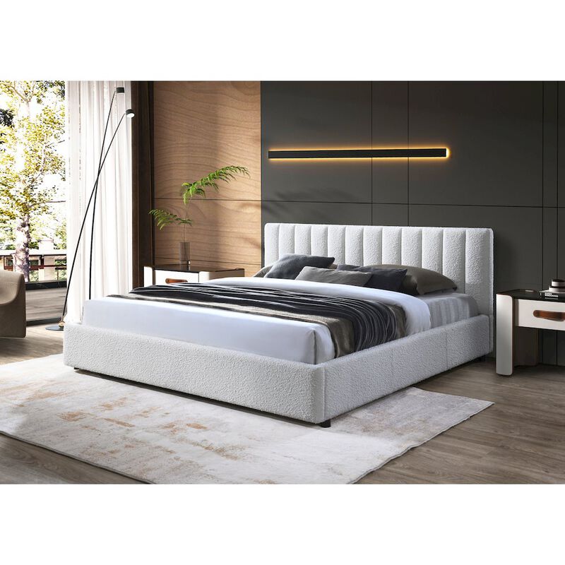 Omax Decor Jaxon Upholstered Platform King Bed in White Boucle Fabric