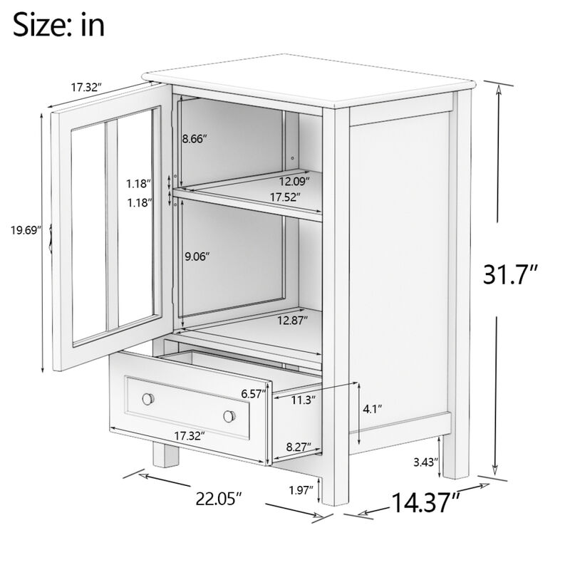 Buffet storage cabinet with single glass doors and unique bell handle