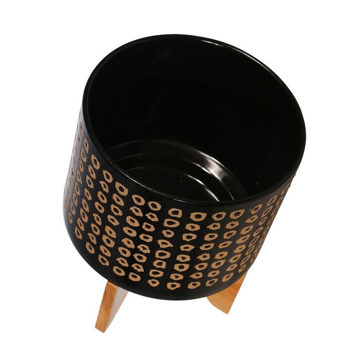 Planter with Wooden Stand and Abstract Design, Large, Black-Benzara