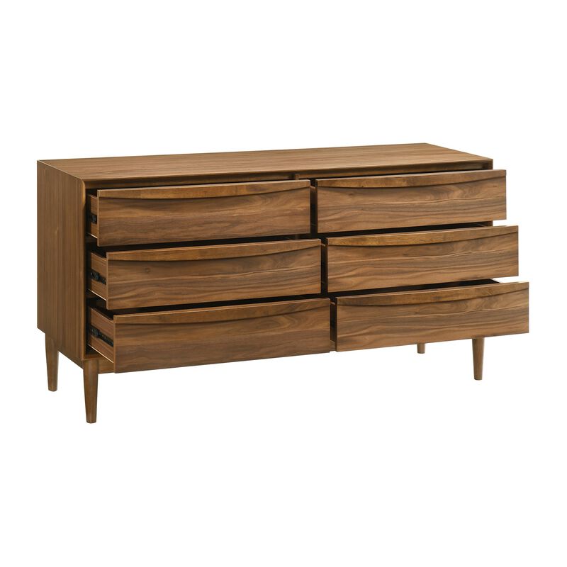 Mian 55 Inch Wide Dresser, 6 Drawer, Linear Undercut Handle, Walnut