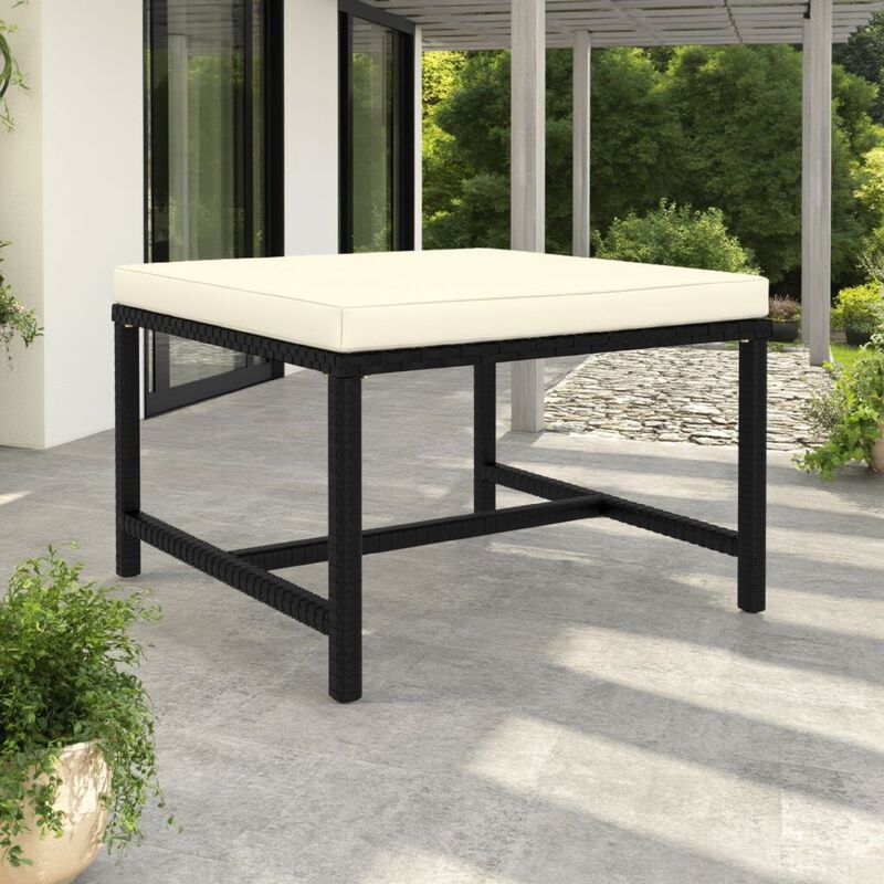 Reno Outdoor Sectional Footrest Ottoman, Black Rattan, Ivory Polyester - Benzara