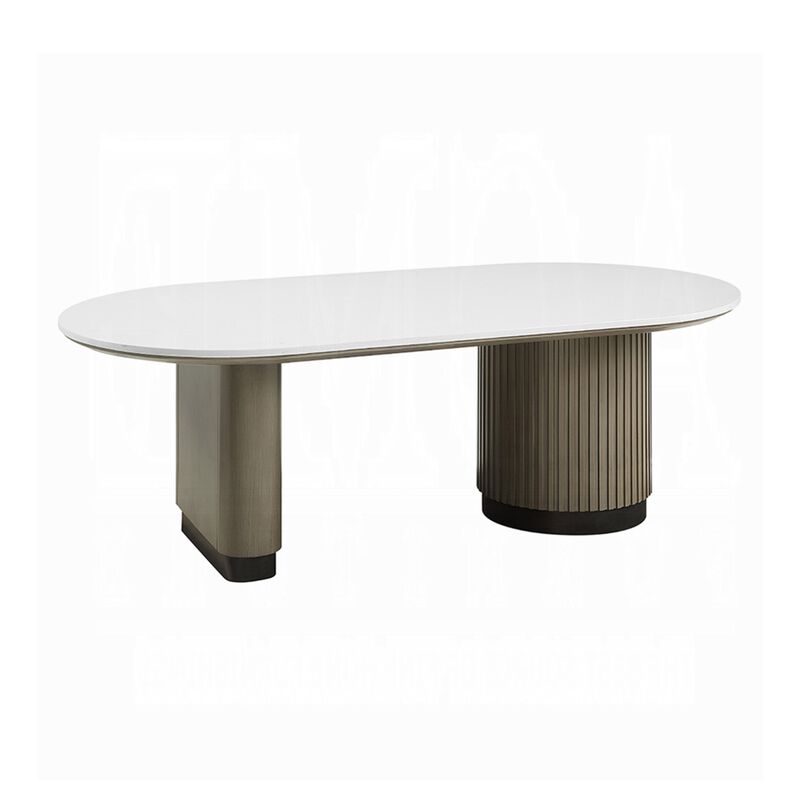Jeh Coffee Table, 55 Inch White Oval Top, Dual Pedestal Base, Oak Brown image number 0