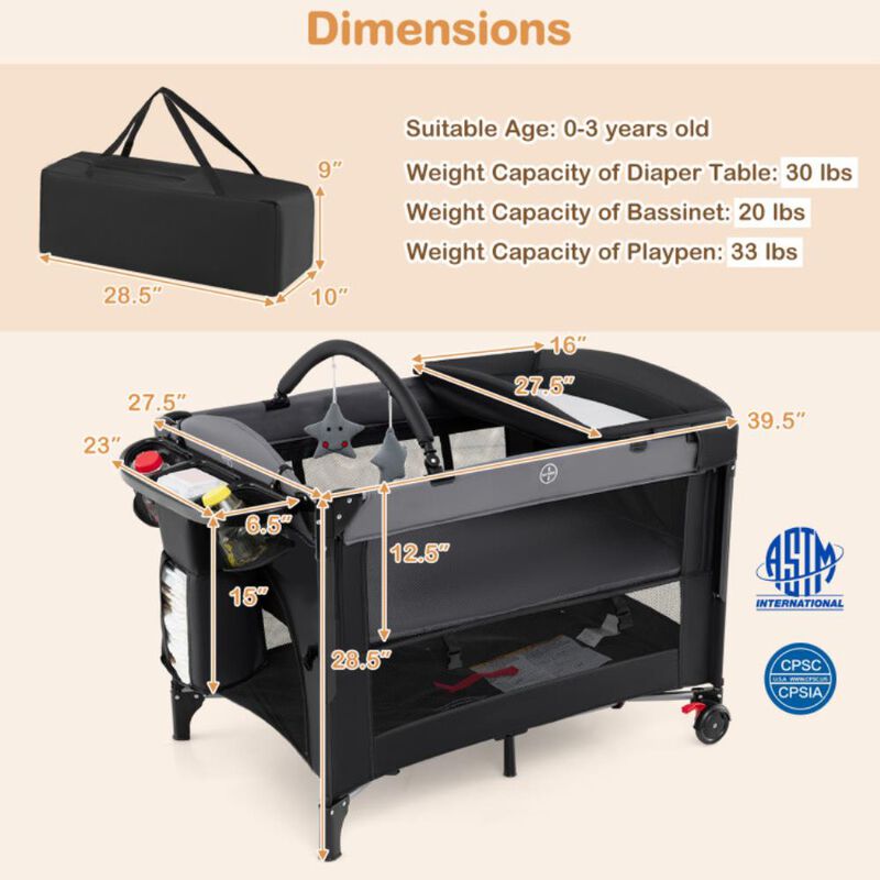 Hivvago Foldable Baby Bassinet with 4 Adjustable Heights Changing Table and Mattress