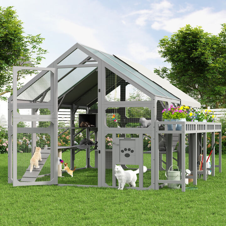 Whisen 94.5" Large Outdoor Pet Furniture, Pine & Metal with 8 Platforms & 2 Houses, Multi-Level Backyard Playpen for Multiple Cats