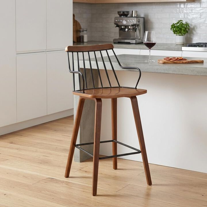 HomeRoots 26" Brown Manufactured Wood and Iron Counter Height Bar Chair
