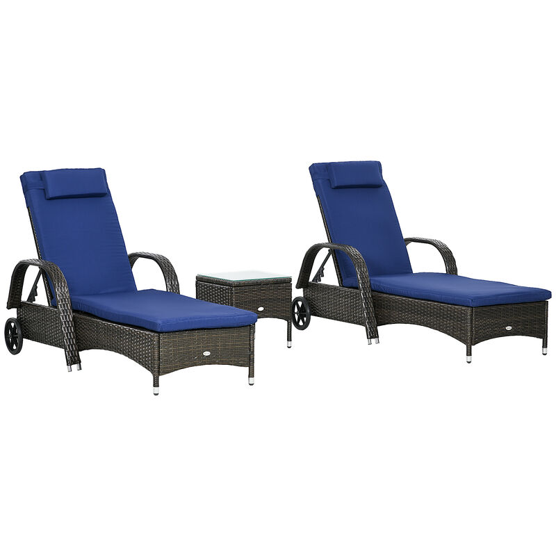 Outsunny Chaise Lounge Set of 2 with 5 Angle Backrest, Wheels, Armrests, Outdoor Coffee Table, Cushions, PE Rattan Wicker Poolside Chairs, 3-Piece Pool Furniture Set, Beige