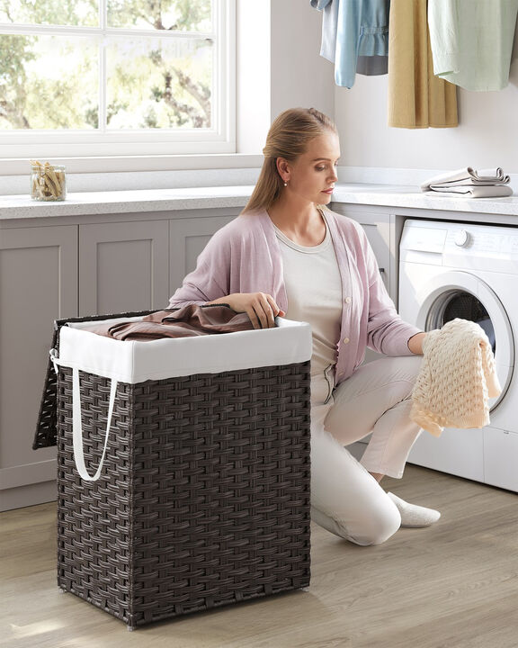 90L Laundry Basket with Lid Handles Synthetic Rattan Brown Hamper