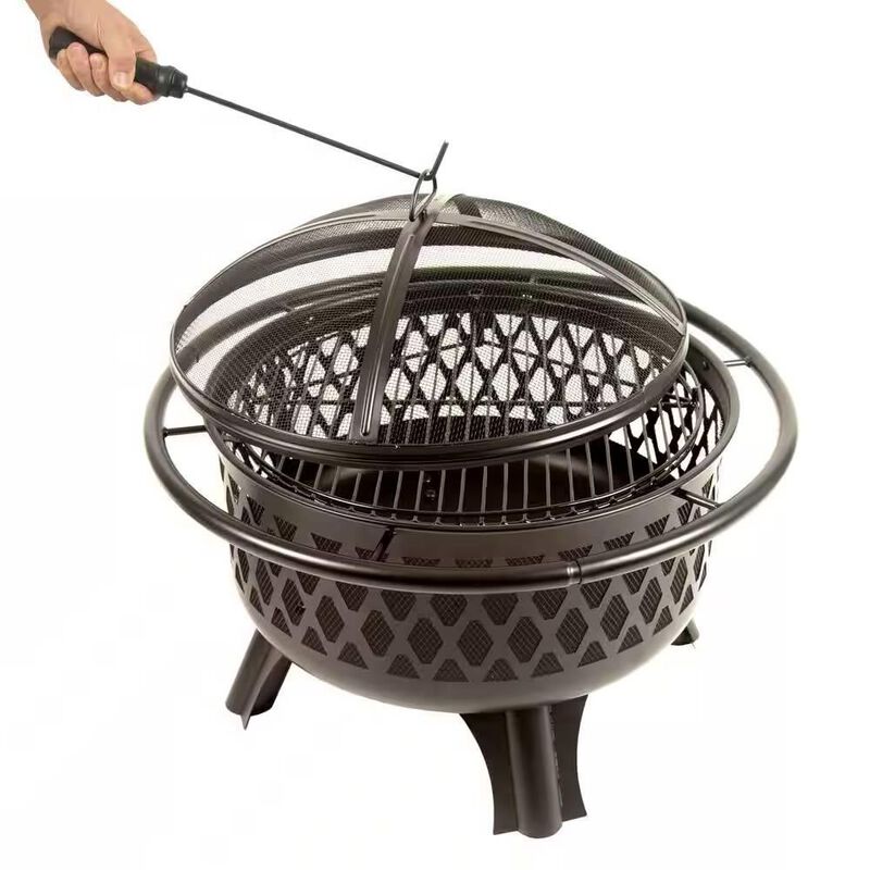 Hivvago 30-inch Black Steel Outdoor Fire Pit Grill with Screen and Poker