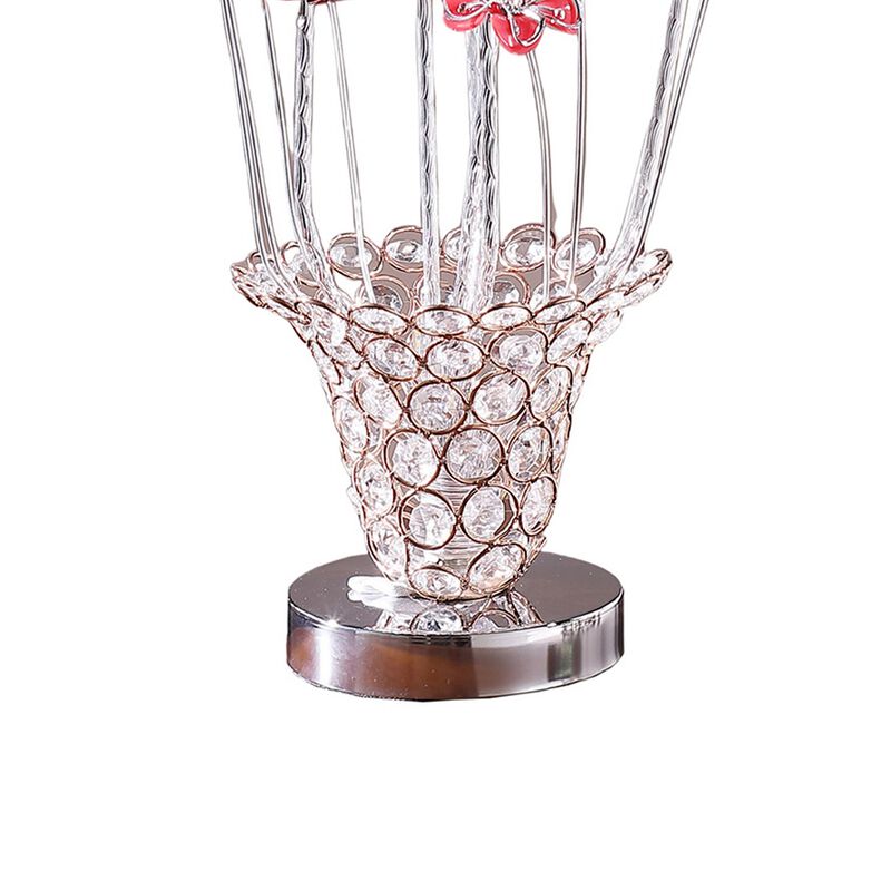 Accent Table Lamp, LED, Red Roses Trumpet Crystal Vase, Chrome 21 Inch - Benzara