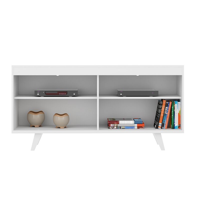 58 Inch Handcrafted Wood TV Media Entertainment Center Console, 4 Open Compartments, Angled Legs, White-Benzara