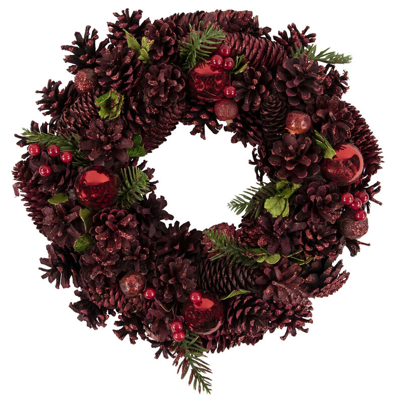 Red Pinecone  Berry and Ornament Christmas Wreath  13.5-Inch  Unlit