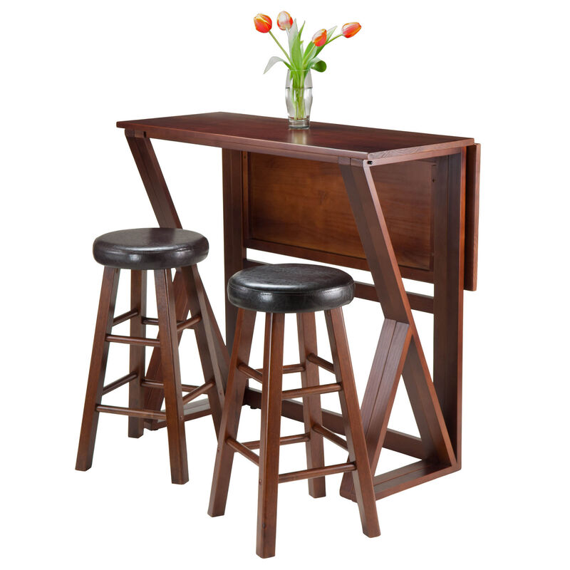 Harrington 3-Pc Drop Leaf High Table with Cushion Seat Counter Stools, Walnut and Espresso