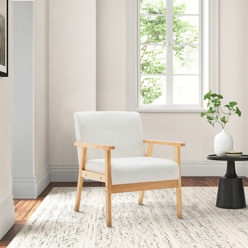 Colin 26 Inch Modern Chair, Padded Cushions, Wood Arms and Legs, Beige