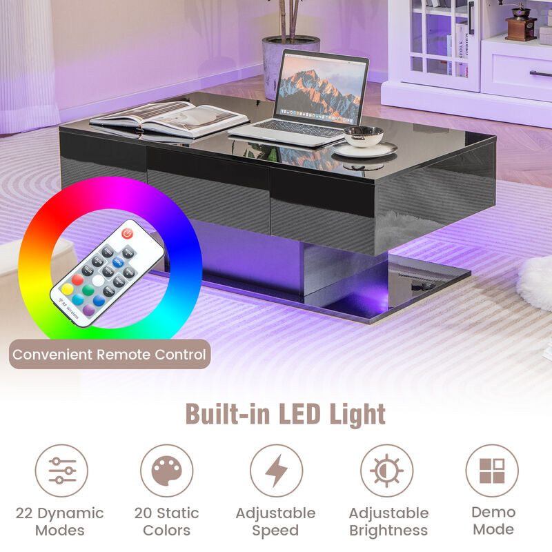 Modern LED Coffee Table with 20 Color LED Lights and 2 Storage Drawers