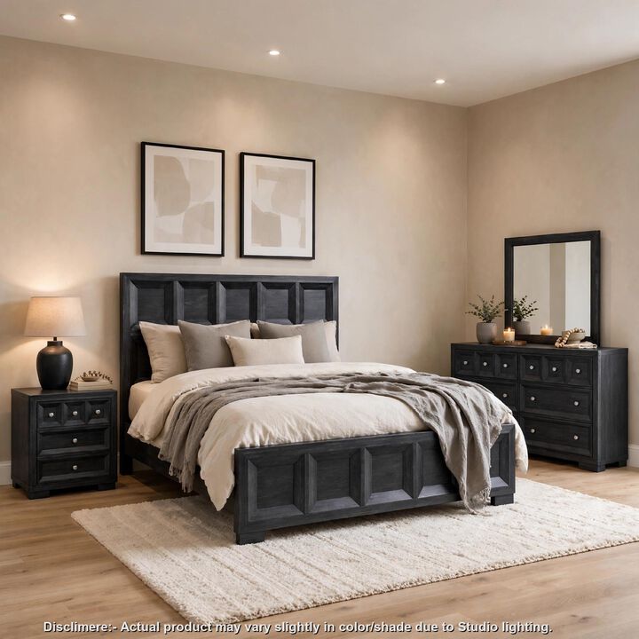 Kizie 4pc Queen Bedroom Set, Rustic Black Dresser Mirror XL Nightstand
