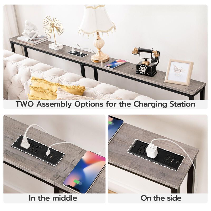 Slim Console Table with Charging Station, Narrow Sofa Table for Entryway- Greige image number 6