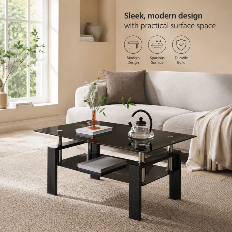 GOODSILO Modern 2-Layer Glass Coffee Table with Sleek Waterfall Edges, Space-Saving Accent Furniture for Living Room, Office & Reception Areas image number 4