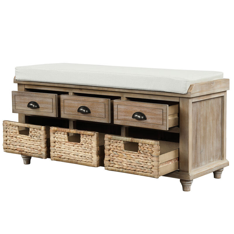 Whisen Rustic Storage Bench with 3 Drawers and 3 Rattan Baskets - White Washed