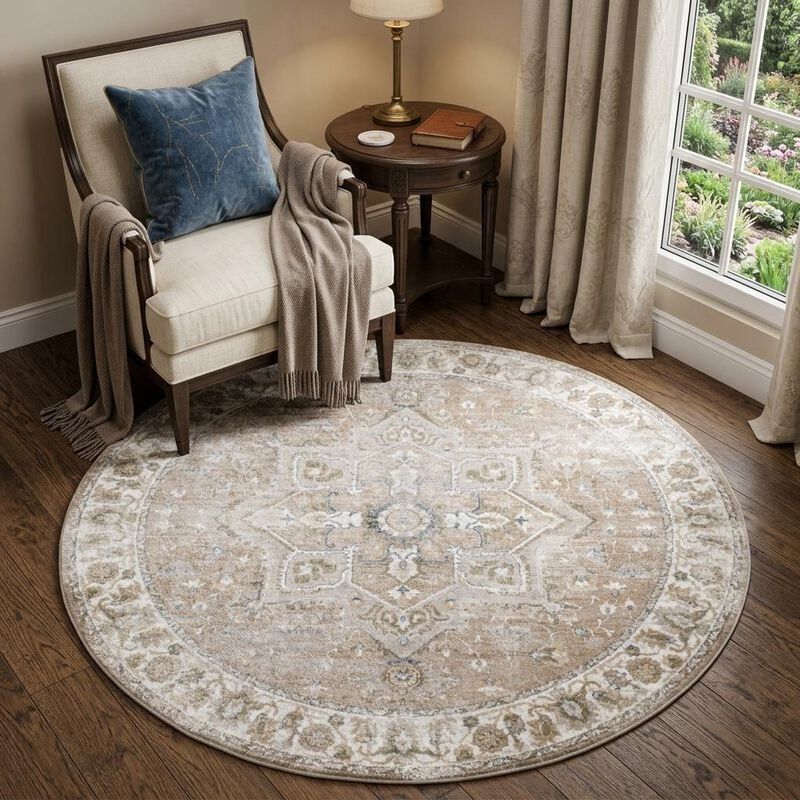 HomeRoots Round Floral Medallion Power Loom Washable Area Rug image number 1