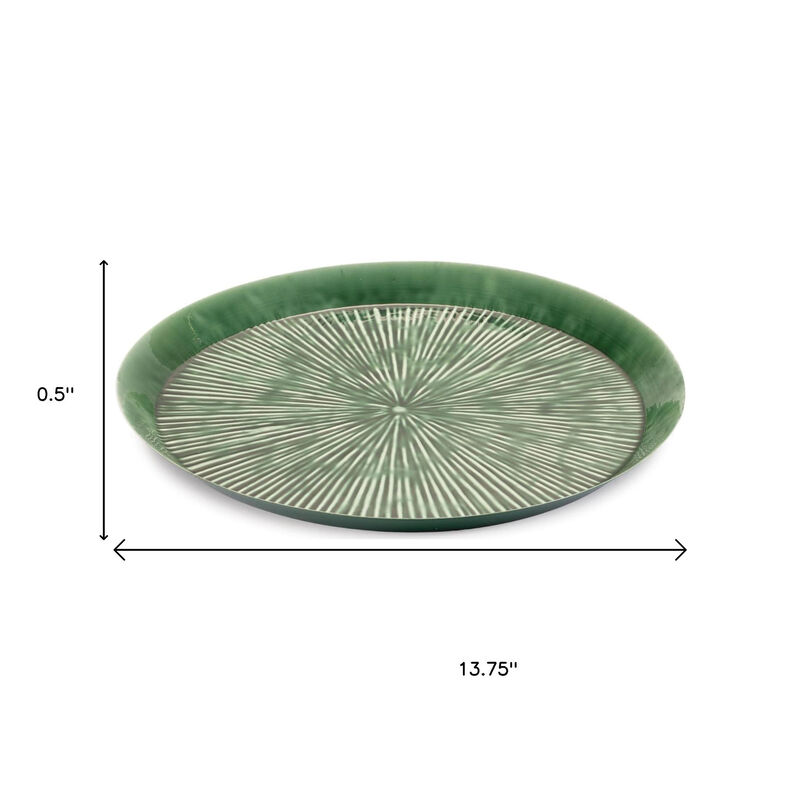 HomeRoots 14" Green Metal Etched Round Serving Tray image number 4
