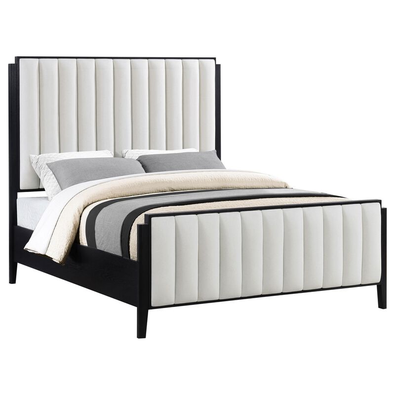 Jack Queen Size Bed, Channel Tufted Ivory Upholstery, Black Wood - Benzara