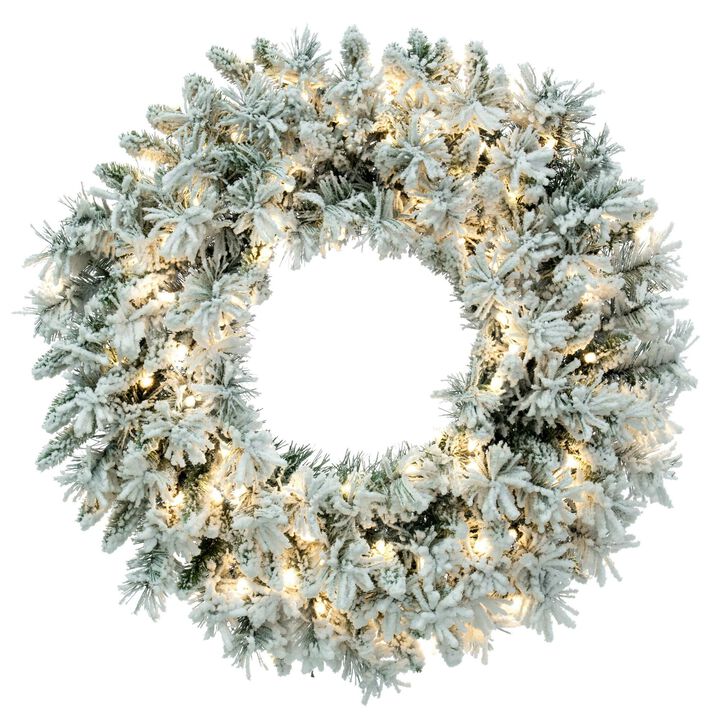 Vickerman 30" Flocked Snow Ridge Artificial Christmas Wreath, Warm White LED Lights - Faux Snowy Christmas Wreath - Indoor Seasonal Home Wall Decor