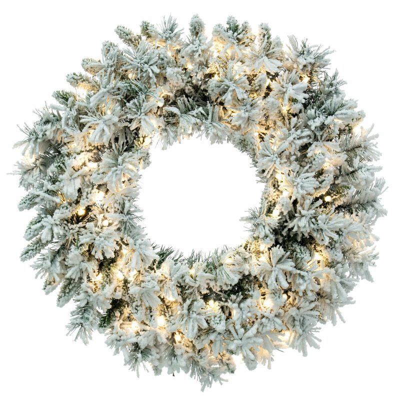 Vickerman 30" Flocked Snow Ridge Artificial Christmas Wreath, Warm White LED Lights - Faux Snowy Christmas Wreath - Indoor Seasonal Home Wall Decor image number 0