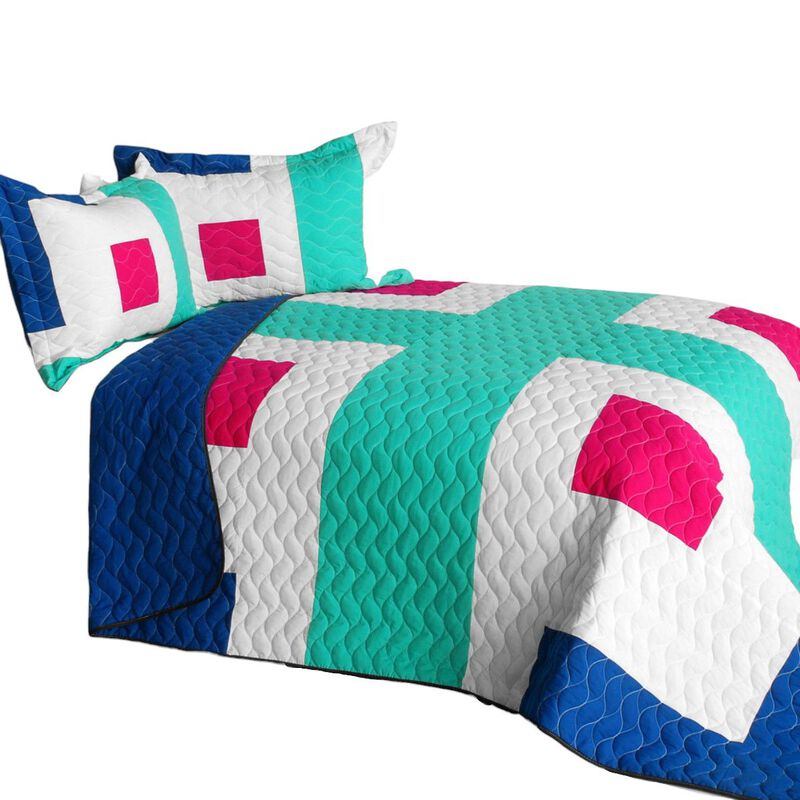 Queen 3 Piece Vermicelli Quilted Geometric Quilt Set for Bedroom Bedding-Green image number 1