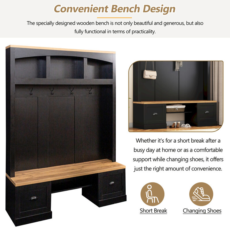Merax Farmhouse 4-in-1 Hall Tree with Wood Grain Bench