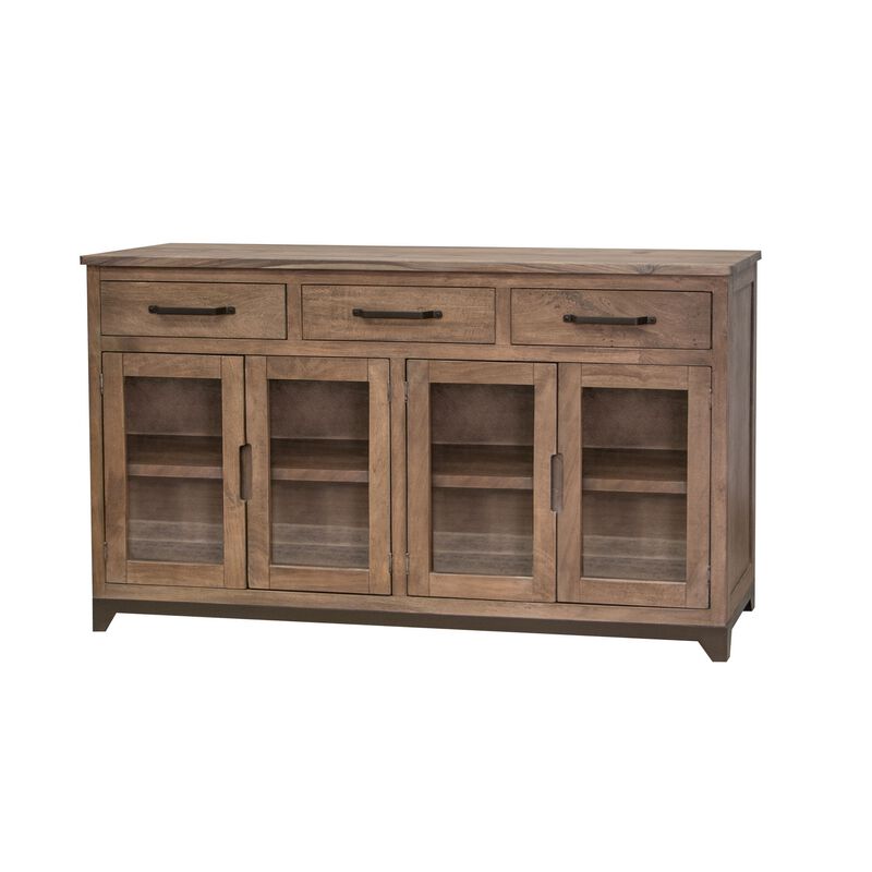 Umey 70 Inch Sideboard Console, Mango Wood, 3 Drawers, 4 Glass Doors, Brown