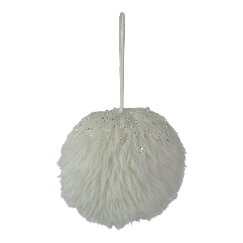 4-Inch White Faux Fur Hanging Christmas Ball Ornament image number 1