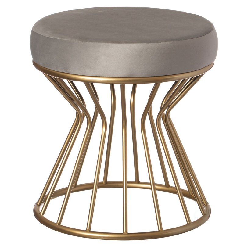 Modern Round Velvet Stool with Bent Gold Metal Base Standard Ottoman, Grey