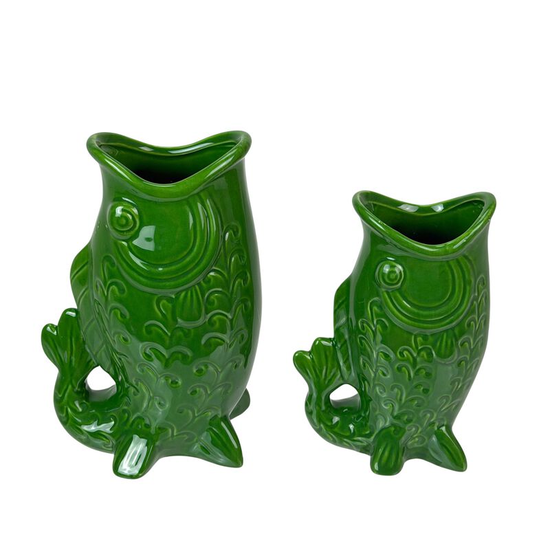Set of 2 Green Glossy Porcelain Vases 8in Gurgling Fish Coastal Decor image number 0