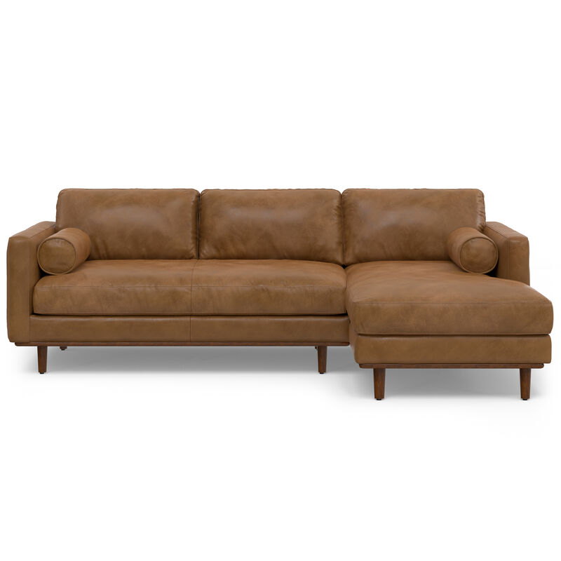 Morrison Mid Century Right Sectional 102 inch Wide Sofa Sectional in Caramel Brown Genuine Leather