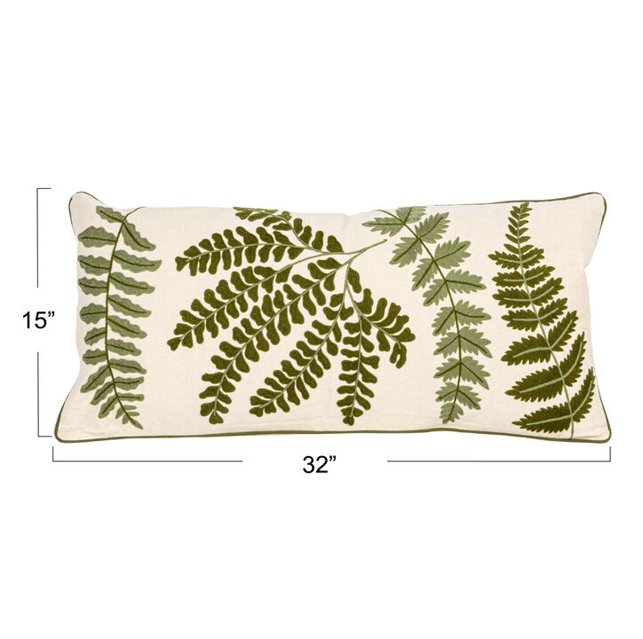 Cotton Lumbar Pillow with Fern Fronds Embroidery, Cream and Green