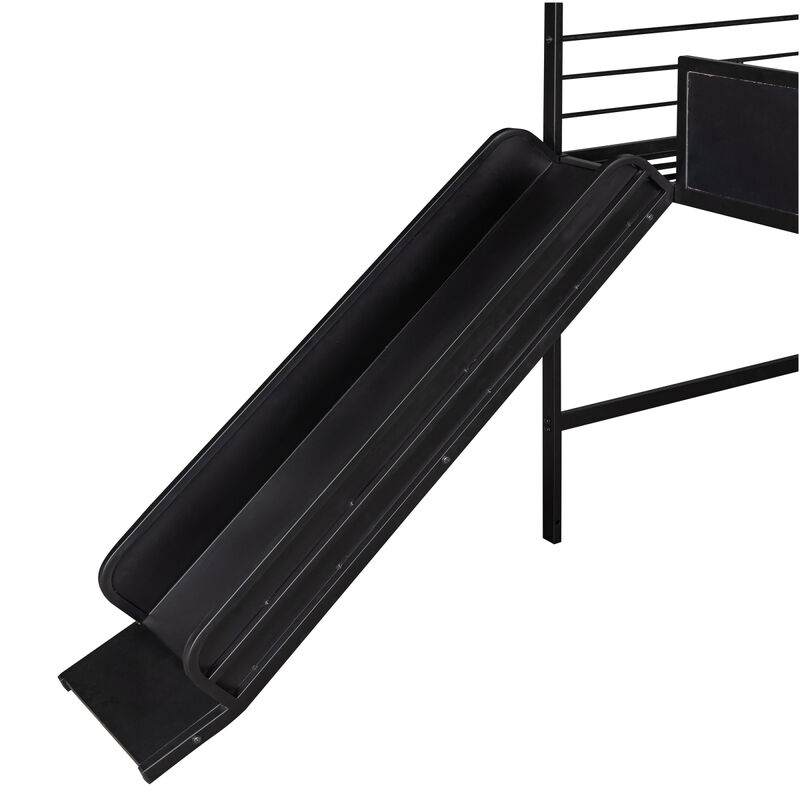 Metal House Bed With Slide, Twin Size Metal Loft Bed with Two-sided writable Wooden Board (Black )