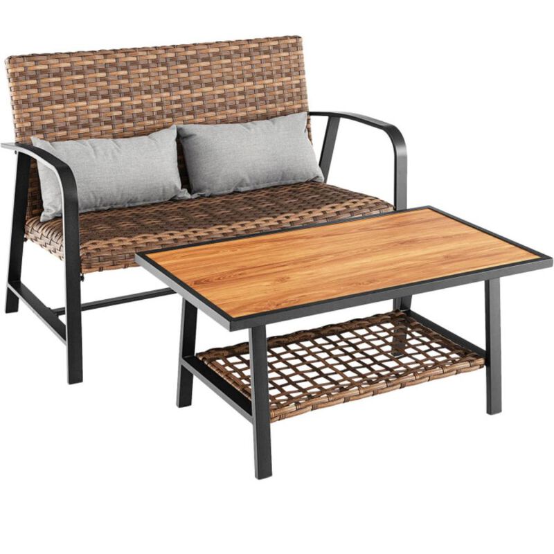Hivvago 2 Pieces Patio Rattan Coffee Table Set with Shelf and Quick Dry Cushion