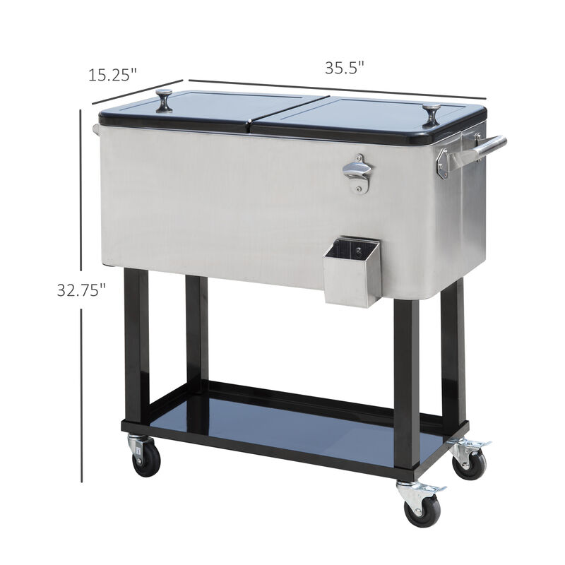 Outsunny 80 QT Rolling Cooling Bins Ice Chest on Wheels Outdoor Stand Up Drink Cooler Cart for Party, Stainless Steel