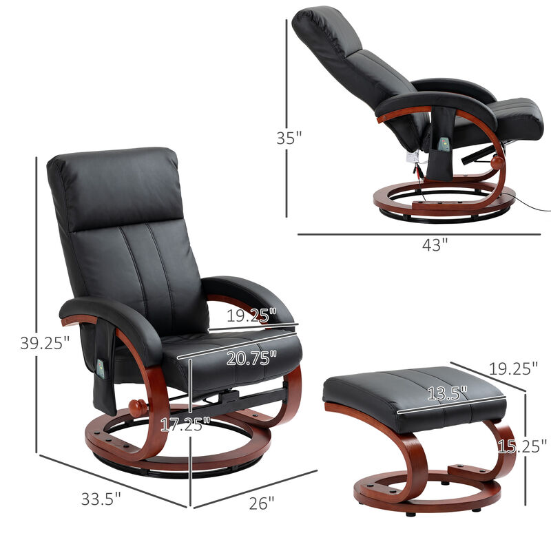 HOMCOM Recliner Chair with Ottoman, Electric Faux Leather Recliner with 10 Vibration Points and 5 Massage Mode, Reclining Chair with Remote Control, Swivel Wood Base and Side Pocket, Black