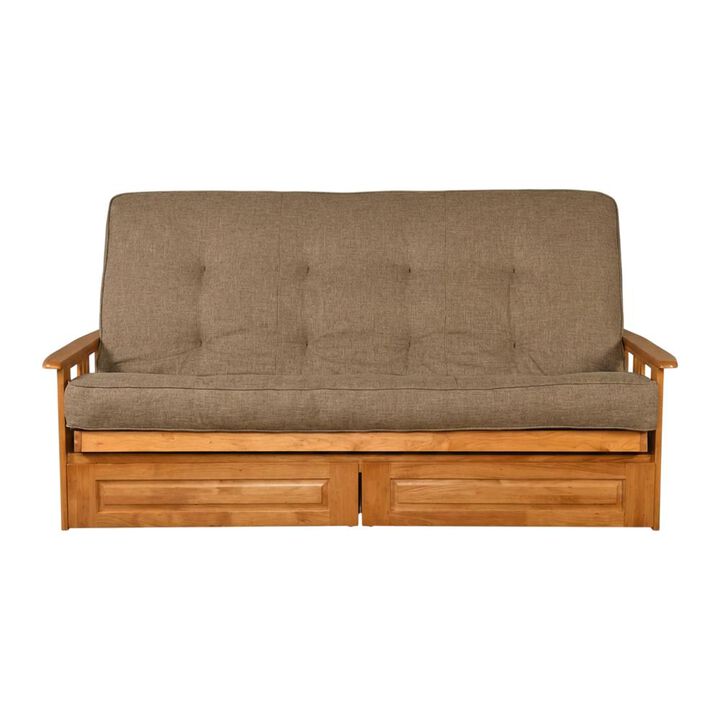 Phoenix Frame Queen-Butternut Finish-Linen Stone Mattress-Storage Drawers