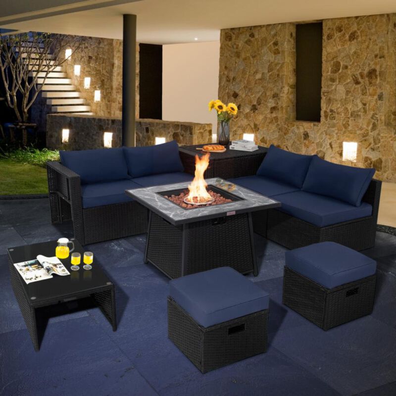 Hivvago 9 Pieces Outdoor Wicker Sectional with 35 Inch Gas Fire Pit Table
