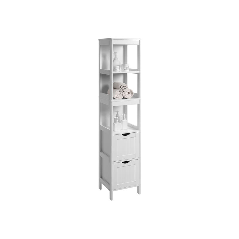 Bathroom Tall Cabinet, Linen Tower, Floor Storage Cupboard, with 2 Drawers and 3 Open Shelves