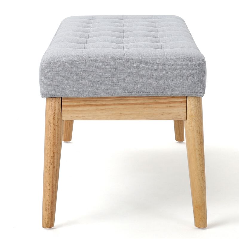 Gisa Ottoman Bench, Light Gray Fabric Tufted Seat, Brown Wood, 44 Inch - Benzara