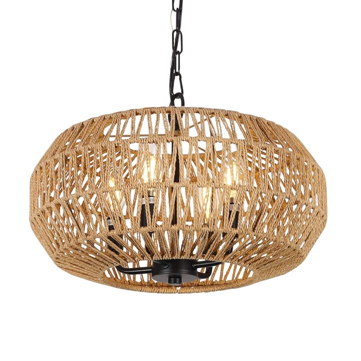 ELEMENT ACE 5-Light Rattan Boho Chandelier Light Fixture with Wicker Lampshade, Farmhouse Hanging Pendant Lighting for Dining Room Kitchen Island Bedroom Living Room Nursery