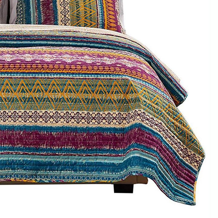 Tribal Motif Print Cotton Twin Quilt Set with 1 Pillow Sham, Multicolor - Benzara