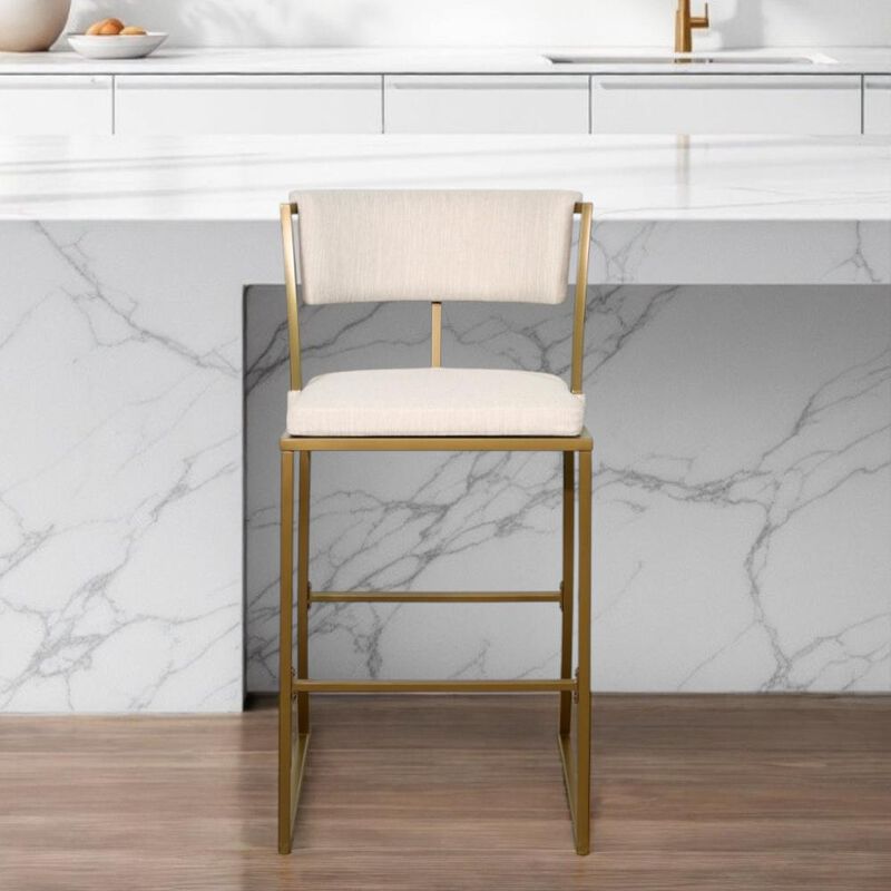 Hivvago 30 Inch Beige And Antiqued Brass Steel Low Back Bar Height Bar Chair