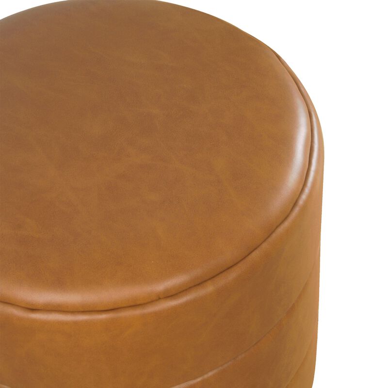 Sem Round Accent Ottoman, Brown Channel Tufted Faux Leather 18 Inch - Benzara